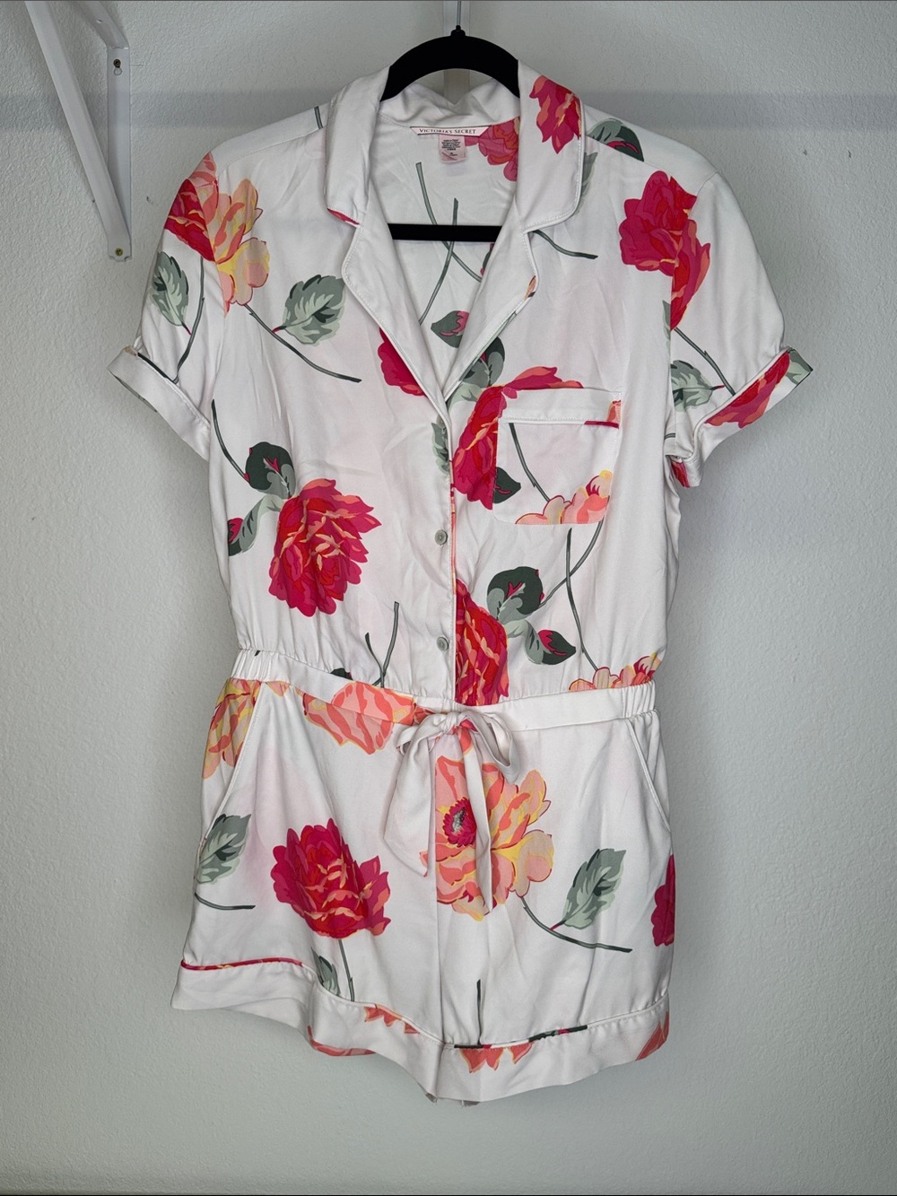 Victoria's Secret Intimates White Floral Short-sleeve Pajama Romper.